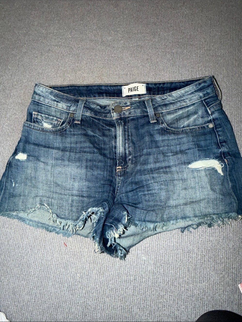 PAIGE Dark Blue Distressed Denim Cutoff Shorts